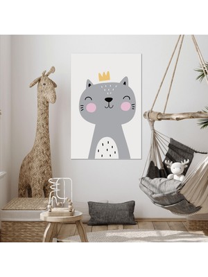 SML Tablo Gözü Kapalı Kral Taçlı Kedi Yavrusu Çizgi Film Karakteri Çocuk Odası Dekor Kanvas Tablo