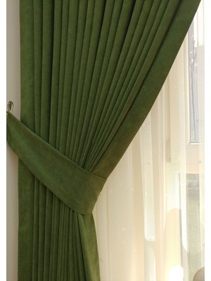 Taç Çimen Yeşili Petek Kadife Dokulu Fon Perde, 1/2 Seyrek Pile, 50 x 250 cm
