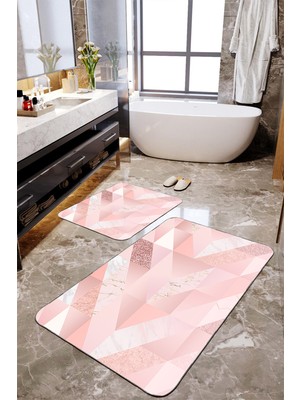 Talia Home Modern Pembe Mermer Desenli 2'li Büyük Boy Banyo Paspas Seti