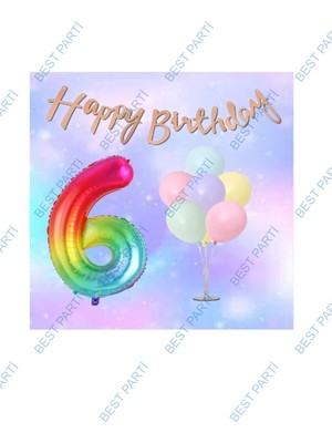 Best Parti Gökkuşağı Folyo Balon Kaligrafi Banner ve Balonlu Balon Standı 6 Yaş