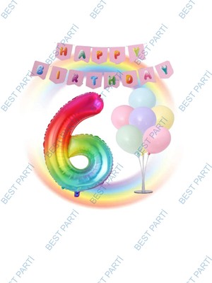 Best Parti Gökkuşağı Folyo Balon Happy Bırthday Banner ve Balonlu Balon Standı 6 Yaş