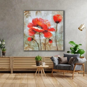 SML Tablo Kırmızı Yapraklı Gelincik Çiçeği Yağlı Boya Efektli Doğa Manzara Gonca Kanvas Tablo