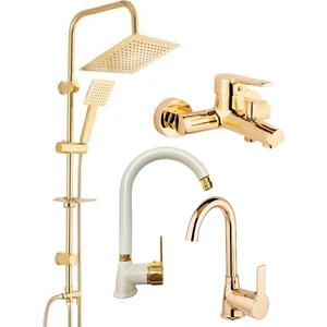 Armilla Armatür Gold Altın Kare Robot Seti Gold Banyo Gold Lavabo Mutfak Bataryası Musluğu Çeşmesi 4'lü Kare Robot Gold Set Gold