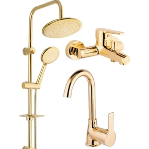 Armilla Armatür Yuvarlak Gold Robot Duş Sistemi Banyo Bataryası ve Lavabo Bataryası Musluğu 3’lü Set Gold Yvrk Robot Duş 3 Dlt