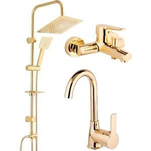 Armilla Armatür Kare Gold Robot Duş Sistemi Banyo Bataryası ve Lavabo Bataryası Musluğu 3’lü Set Gold Kr Robot Duş 3 Dlt