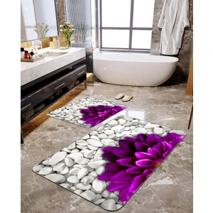 Talia Home Mor Çiçek Desenli 2'li Büyük Boy Banyo Paspas Seti