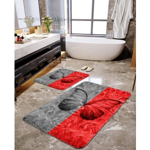 Talia Home Kırmızı Siyah Baskılı Kelebek 2'li Büyük Boy Banyo Paspas Seti