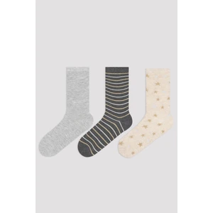 Gri Melanj - Denim - Kaymak Star Stripe 3lü Soket Çorap