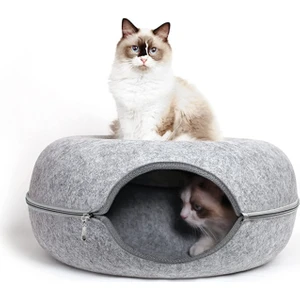 Donut Kedi Tüneli Keçe Fermuarlı Yastık - Gri (Yurt Dışından)
