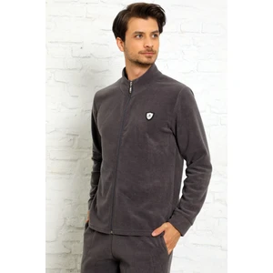 Pijama Evi Gri Önden Fermuarlı Uzun Kollu Polar Erkek Pijama Takımı