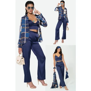 for you in&out 6'lı Saten Zincir Desen Gömlek Büstiyerli Lacivert Alt Üst Takım S26973