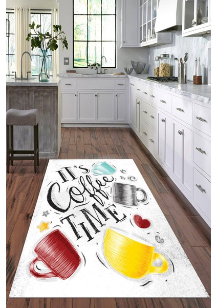 Dijital Baskılı Kaymaz Taban Yıkanabilir Fincan Desenli Modern Mutfak Halısı VHM-HM-574