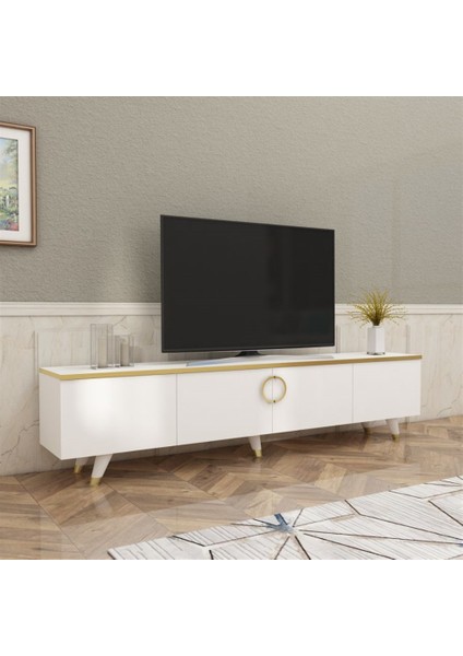 Luxia Tv Sehpası Beyaz-Altın Bant 45X180X31,4CM Dolaplı Kolay Kurulum Çok Amaçlı