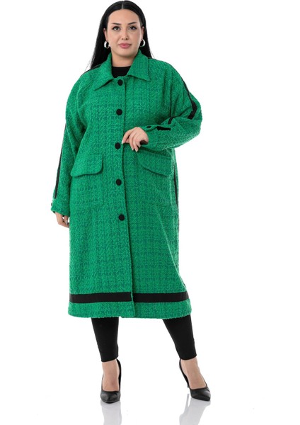 Büyük Beden Şerit Detaylı Kaplama Düğmeli Uzun Astarsız Buklet Yeşil Ceket fiyatları