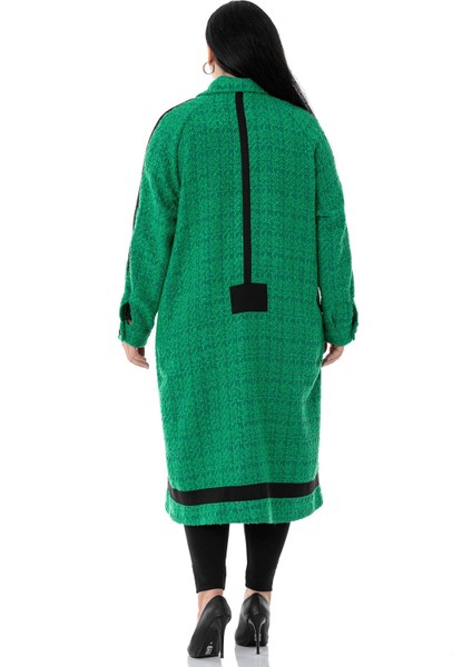 Büyük Beden Şerit Detaylı Kaplama Düğmeli Uzun Astarsız Buklet Yeşil Ceket modelleri