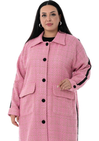 Büyük Beden Şerit Detaylı Kaplama Düğmeli Uzun Astarsız Buklet Pembe Ceket indirimleri