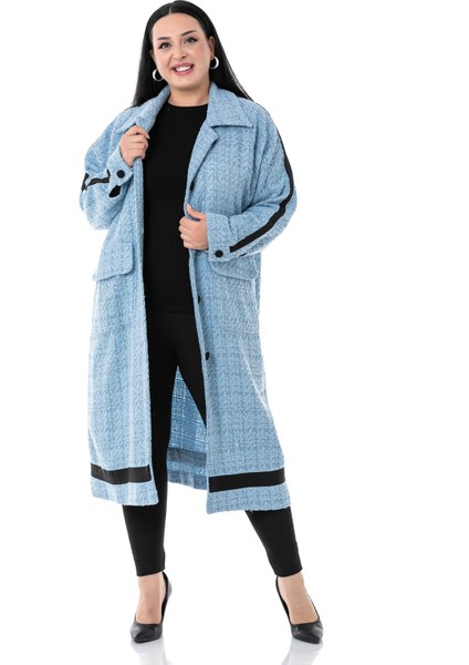 Büyük Beden Şerit Detaylı Kaplama Düğmeli Uzun Astarsız Buklet Mavi Ceket fiyatları