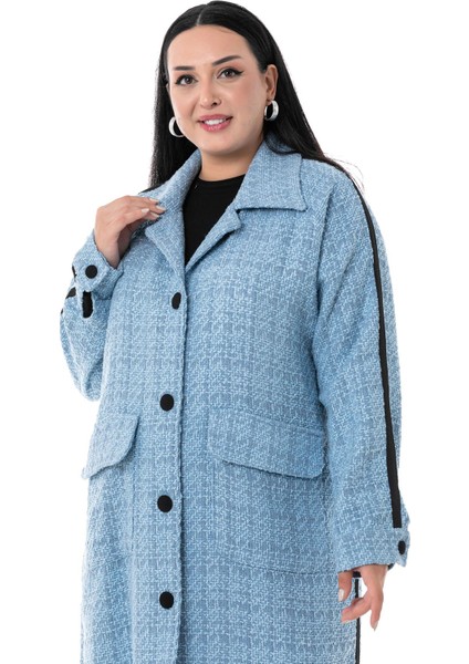 Büyük Beden Şerit Detaylı Kaplama Düğmeli Uzun Astarsız Buklet Mavi Ceket indirimleri