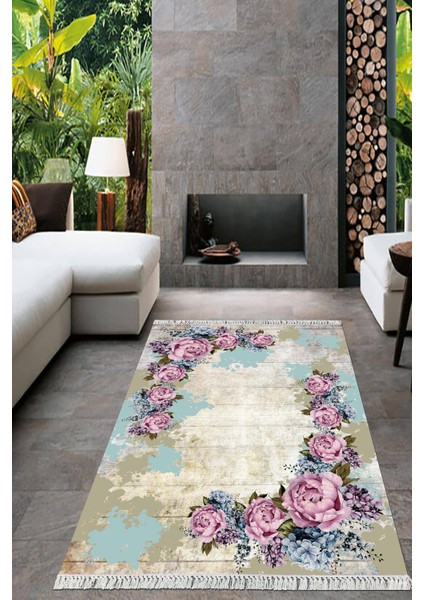 Dijital Baskılı Kaymaz Taban Yıkanabilir Çiçekli Salon Halısı Mutfak Halısı Yolluk VH-HT-773