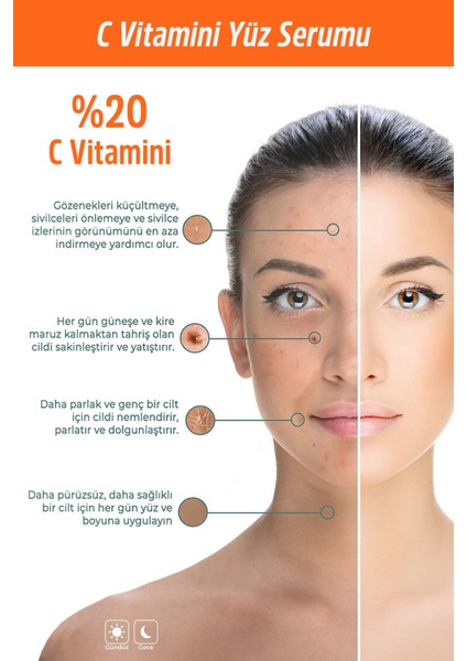 C Vitamini Aydınlatıcı ve Ton Eşitleyici Cilt Bakım Serumu 30 ml. (%20 Ascorbic Acid, Niacinamide, Hyaluronic Acid)