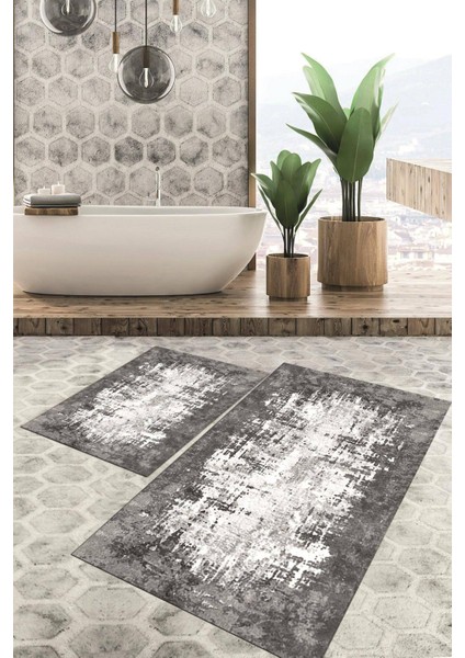 Dijital Baskılı Kaymaz Tabanlı Yıkanabilir 2'li Set Banya Halısı Klozet Takımı Paspas VHKZ-HT-498