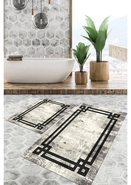 Dijital Baskılı Kaymaz Tabanlı Yıkanabilir 2'li Set Banya Halısı Klozet Takımı Paspas VHKZ-HT-1271