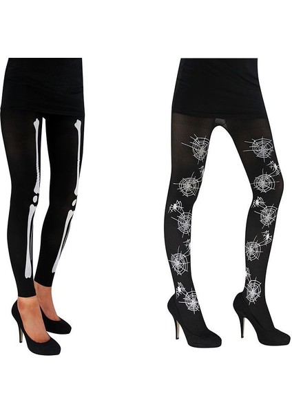 Siyah Renk Örümcek ve Şskelet Desenli Külotlu Halloween Partisi Çorabı Likralı Yetişkin 2 Adet
