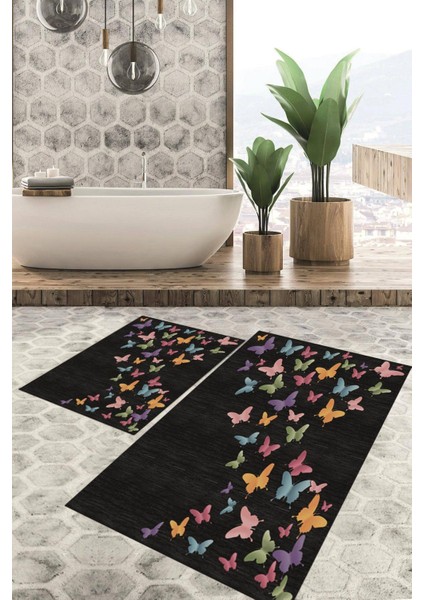 Dijital Baskılı Kaymaz Tabanlı Yıkanabilir 2'li Set Banya Halısı Klozet Takımı Paspas VHKZ-HS-329