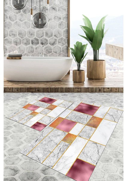 Dijital Baskılı Kaymaz Tabanlı Yıkanabilir 2'li Set Banya Halısı Klozet Takımı Paspas VHKZ-HT-1254