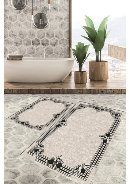 Dijital Baskılı Kaymaz Tabanlı Yıkanabilir 2'li Set Banya Halısı Klozet Takımı Paspas VHKZ-HT-236