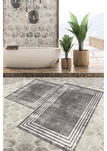 Dijital Baskılı Kaymaz Tabanlı Yıkanabilir 2'li Set Banya Halısı Klozet Takımı Paspas VHKZ-HT-485