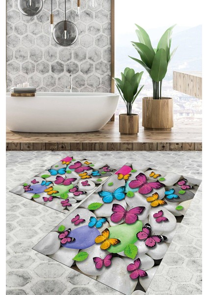 Dijital Baskılı Kaymaz Tabanlı Yıkanabilir 2'li Set Banya Halısı Klozet Takımı Paspas VHKZ-HT-1179