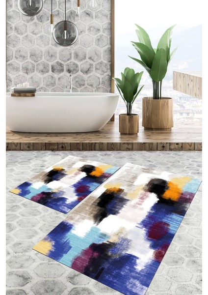 Dijital Baskılı Kaymaz Tabanlı Yıkanabilir 2'li Set Banya Halısı Klozet Takımı Paspas VHKZ-HT-1298