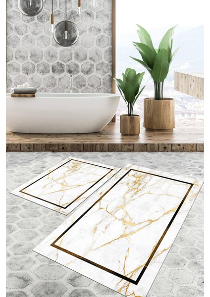 Dijital Baskılı Kaymaz Tabanlı Yıkanabilir 2'li Set Banya Halısı Klozet Takımı Paspas VHKZ-HT-1089