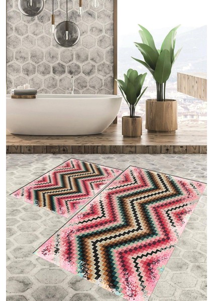 Dijital Baskılı Kaymaz Tabanlı Yıkanabilir 2'li Set Banya Halısı Klozet Takımı Paspas VHKZ-HT-114