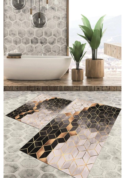 Dijital Baskılı Kaymaz Tabanlı Yıkanabilir 2'li Set Banya Halısı Klozet Takımı Paspas VHKZ-HT-322