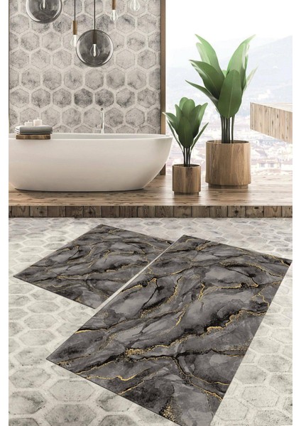 Dijital Baskılı Kaymaz Tabanlı Yıkanabilir 2'li Set Banya Halısı Klozet Takımı Paspas VHKZ-HT-721