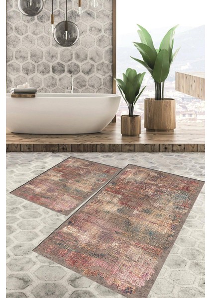 Dijital Baskılı Kaymaz Tabanlı Yıkanabilir 2'li Set Banya Halısı Klozet Takımı Paspas VHKZ-HT-134