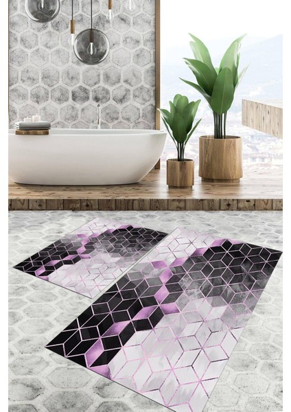 Dijital Baskılı Kaymaz Tabanlı Yıkanabilir 2'li Set Banya Halısı Klozet Takımı Paspas VHKZ-HT-1399
