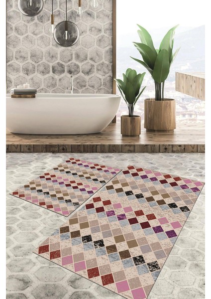 Dijital Baskılı Kaymaz Tabanlı Yıkanabilir 2'li Set Banya Halısı Klozet Takımı Paspas VHKZ-HY-904