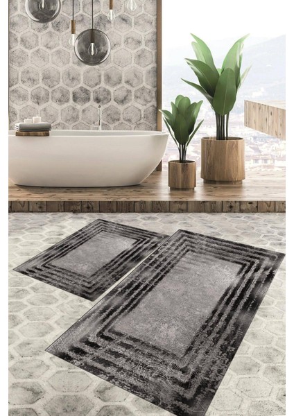 Dijital Baskılı Kaymaz Tabanlı Yıkanabilir 2'li Set Banya Halısı Klozet Takımı Paspas VHKZ-SD-236