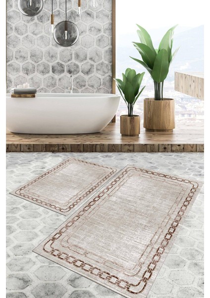 Dijital Baskılı Kaymaz Tabanlı Yıkanabilir 2'li Set Banya Halısı Klozet Takımı Paspas VHKZ-HT-899