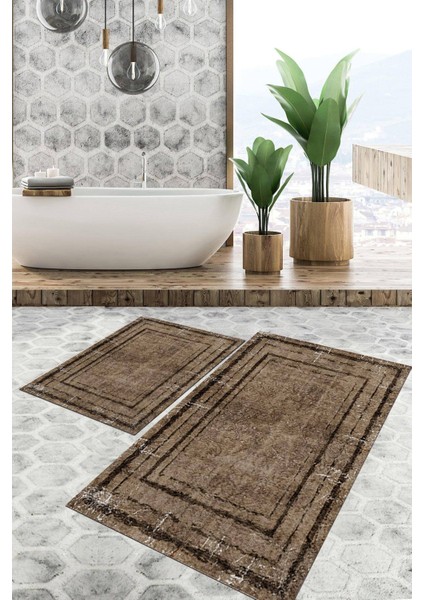 Dijital Baskılı Kaymaz Tabanlı Yıkanabilir 2'li Set Banya Halısı Klozet Takımı Paspas VHKZ-HT-974