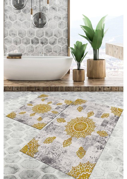 Dijital Baskılı Kaymaz Tabanlı Yıkanabilir 2'li Set Banya Halısı Klozet Takımı Paspas VHKZ-HT-1521