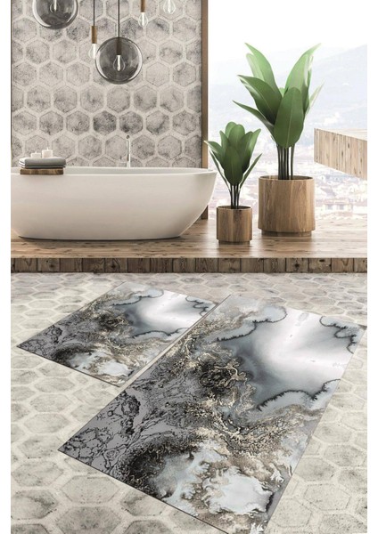 Dijital Baskılı Kaymaz Tabanlı Yıkanabilir 2'li Set Banya Halısı Klozet Takımı Paspas VHKZ-HT-310