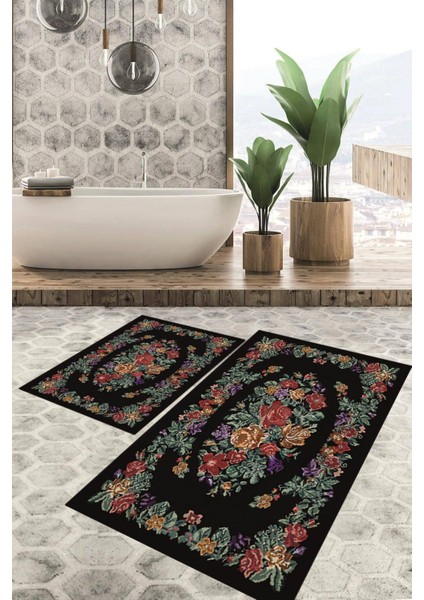 Dijital Baskılı Kaymaz Tabanlı Yıkanabilir 2'li Set Banya Halısı Klozet Takımı Paspas VHKZ-HT-482