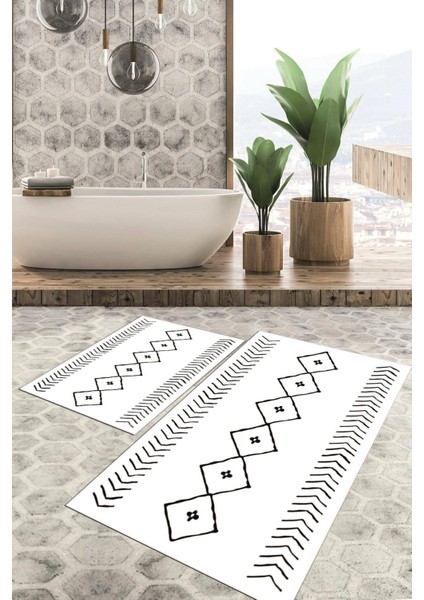 Dijital Baskılı Kaymaz Tabanlı Yıkanabilir 2'li Set Banya Halısı Klozet Takımı Paspas VHKZ-HT-571
