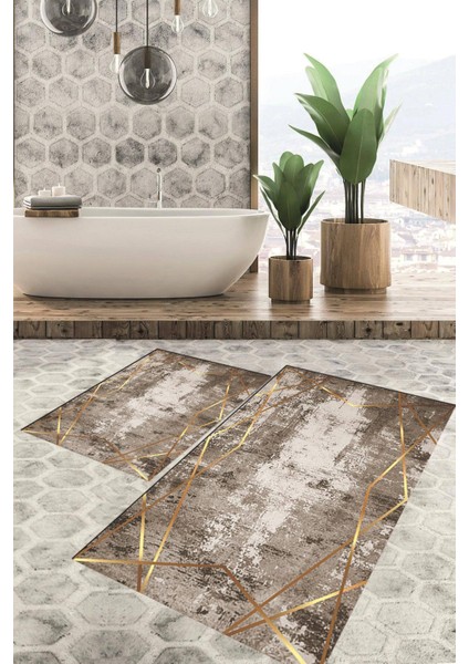 Dijital Baskılı Kaymaz Tabanlı Yıkanabilir 2'li Set Banya Halısı Klozet Takımı Paspas VHKZ-HT-695