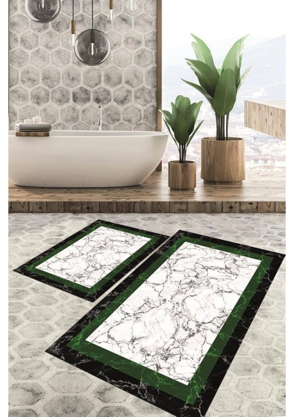 Dijital Baskılı Kaymaz Tabanlı Yıkanabilir 2'li Set Banya Halısı Klozet Takımı Paspas VHKZ-HT-806