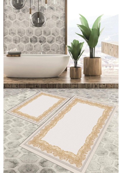 Dijital Baskılı Kaymaz Tabanlı Yıkanabilir 2'li Set Banya Halısı Klozet Takımı Paspas VHKZ-HY-897